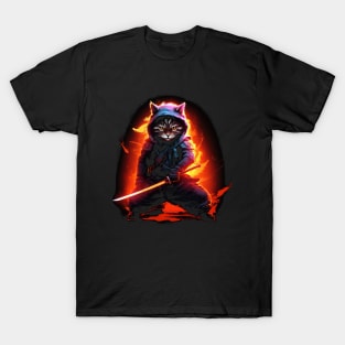 Cat Ninja: Neon Fire Bushido Pose - Feline Fury in Red, Orange & Yellow T-Shirt